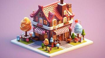 A fancy candy house with sweets and chocolate dessert photo