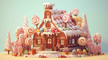 A fancy candy house with sweets and chocolate dessert photo