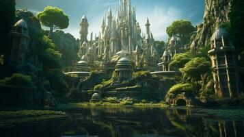 A futuristic elven castle in a magical forest photo