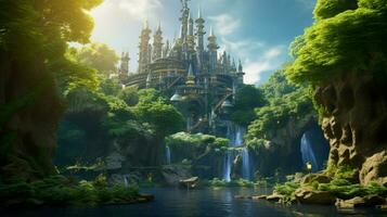 A futuristic elven castle in a magical forest photo