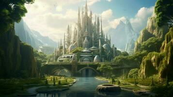 A futuristic elven castle in a magical forest photo