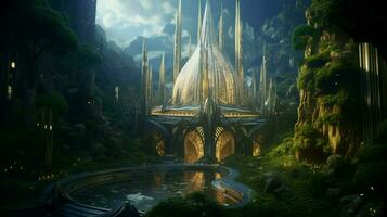 A futuristic elven castle in a magical forest photo