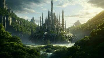 A futuristic elven castle in a magical forest photo