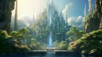 un futurista elfo castillo en un mágico bosque foto