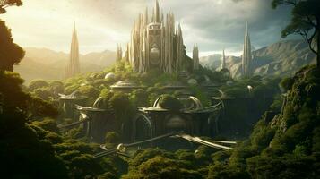 A futuristic elven castle in a magical forest photo