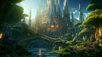 A futuristic elven castle in a magical forest photo