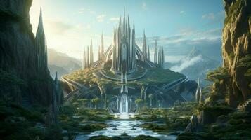 A futuristic elven castle in a magical forest photo