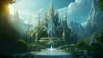 A futuristic elven castle in a magical forest photo