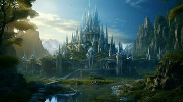 A futuristic elven castle in a magical forest photo