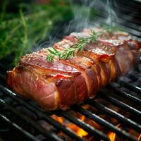 A prime cut of filet mignon wrapped in a strip photo