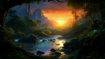 hermosa anime puesta de sol paisaje dramático fantasía foto