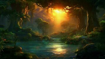 hermosa anime puesta de sol paisaje dramático fantasía foto