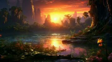 Beautiful Anime Sunset Scenery Dramatic Fantasy photo