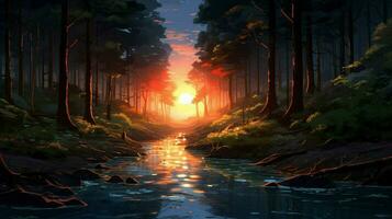 Beautiful Anime Sunset Scenery Forest Forest Volu photo