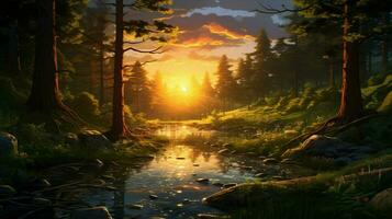 Beautiful Anime Sunset Scenery Forest Forest Volu photo