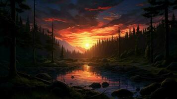 Beautiful Anime Sunset Scenery Forest Forest Volu photo