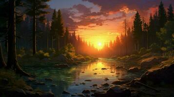 Beautiful Anime Sunset Scenery Forest Forest Volu photo