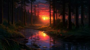 Beautiful Anime Sunset Scenery Forest Forest Volu photo