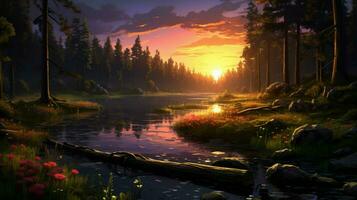 Beautiful Anime Sunset Scenery Forest Forest Volu photo