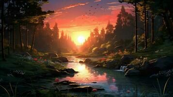 Beautiful Anime Sunset Scenery Forest Forest Volu photo