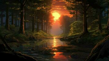 Beautiful Anime Sunset Scenery Forest Forest Volu photo