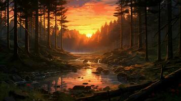 Beautiful Anime Sunset Scenery Forest Forest Volu photo