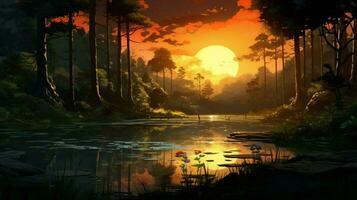 Beautiful Anime Sunset Scenery Forest Forest Volu photo