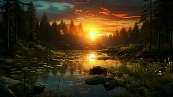 hermosa anime puesta de sol paisaje bosque bosque volumen foto