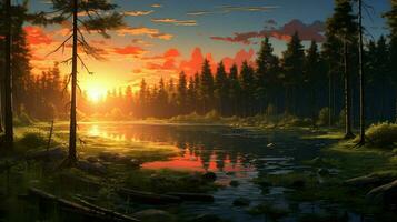 Beautiful Anime Sunset Scenery Forest Forest Volu photo