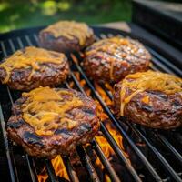 Ground beef burgers stuffed with sharp cheddar cheese photo