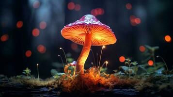 Luminous backlit glowing forest mushroom neon light photo