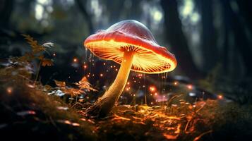 Luminous backlit glowing forest mushroom neon light photo