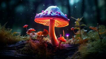 Luminous backlit glowing forest mushroom neon light photo