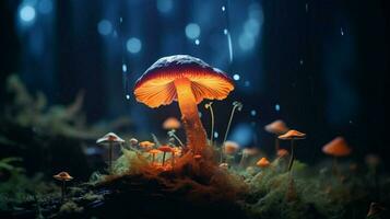 Luminous backlit glowing forest mushroom neon light photo