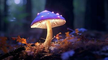 Luminous backlit glowing forest mushroom neon light photo