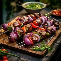 Marinated beef skewers paired with bell peppers photo