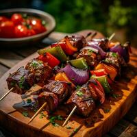 Marinated beef skewers paired with bell peppers photo