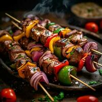 Marinated beef skewers paired with bell peppers photo
