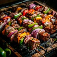 Marinated beef skewers paired with bell peppers photo