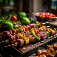 Marinated beef skewers paired with bell peppers photo