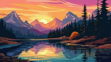 Mountains with beautiful lake and trees vector photo