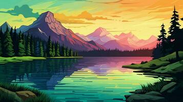 montañas con hermosa lago y arboles vector foto