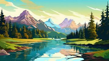 montañas con hermosa lago y arboles vector foto