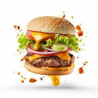 Realistic burger with flying ingredients Isolated photo