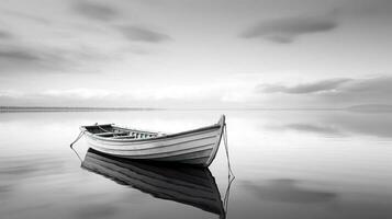 White and black seascape with a colored boat mini photo