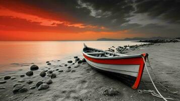 White and black seascape with a colored boat mini photo