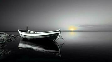 White and black seascape with a colored boat mini photo