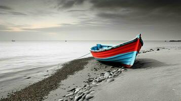 White and black seascape with a colored boat mini photo