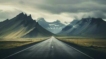 an empty road with mountains in the background photo