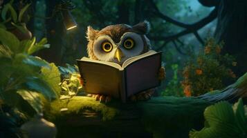 an owl reading on a tree photo